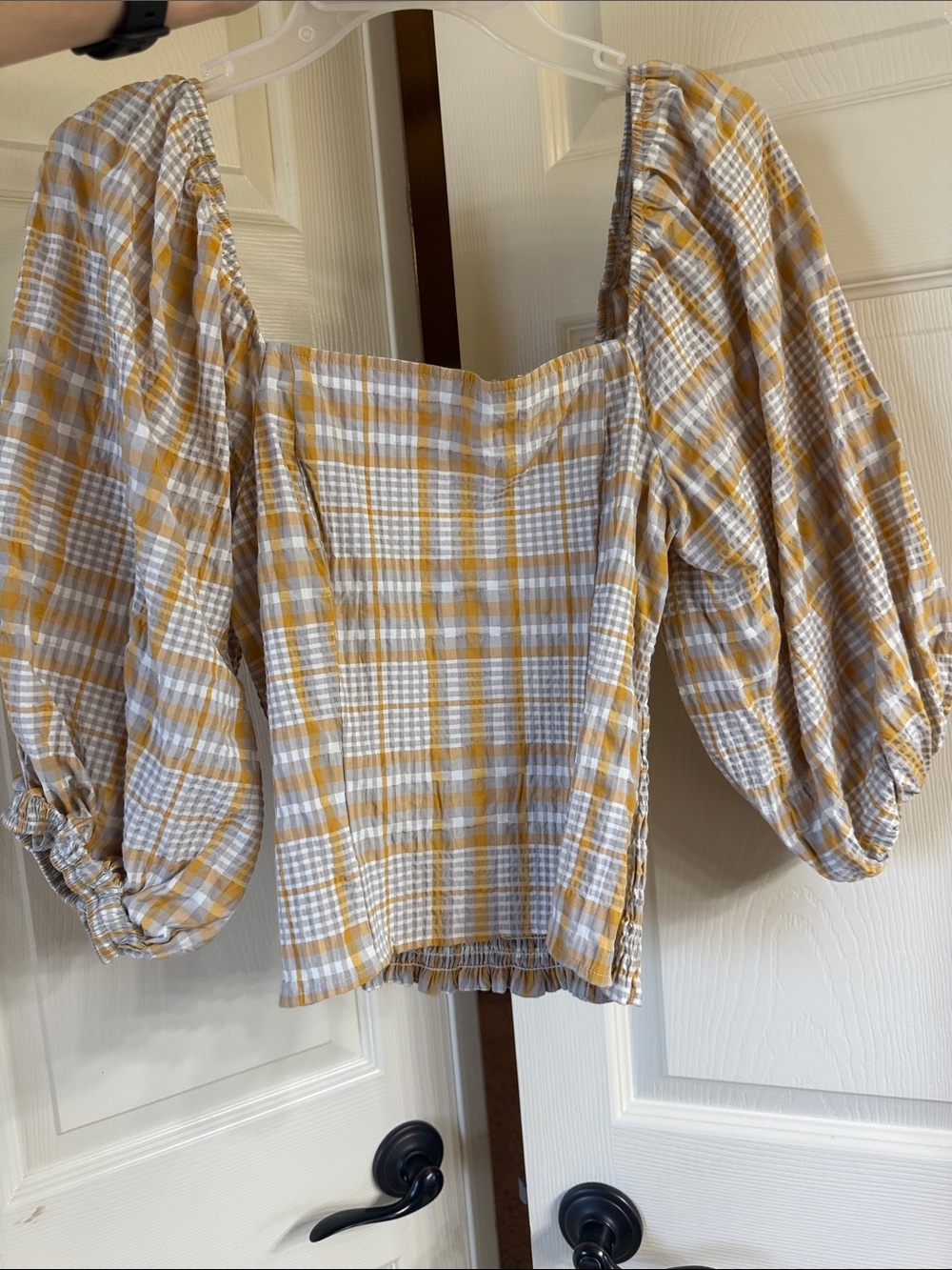 Anthropologie Yellow and White Plaid Puff-Sleeve Blouse